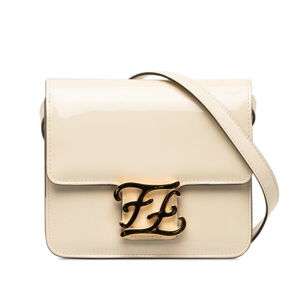 Fendi Calligraphy Crossbody Bag Patent Leather Shoulder Bag Ecru